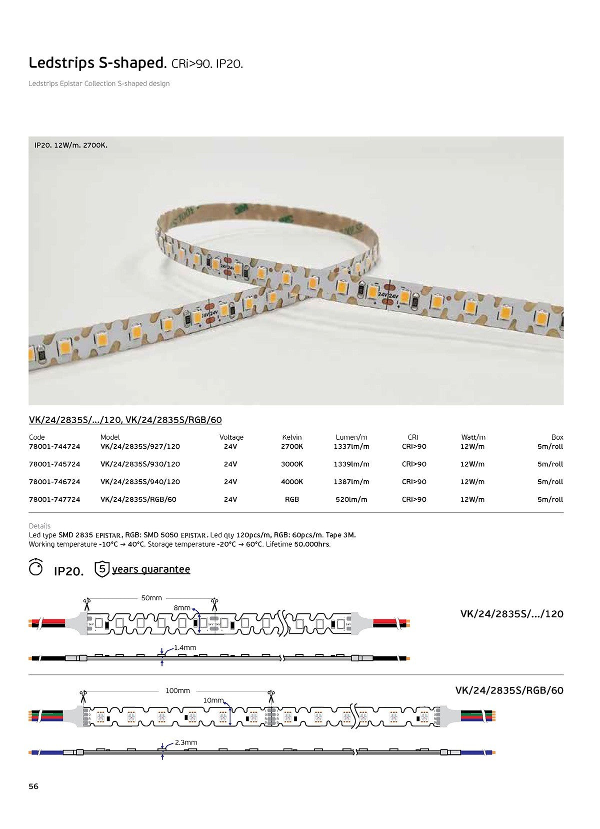 Oldalsó LED szalag S-Type 24V CRI90 IP20 2700K (5m)