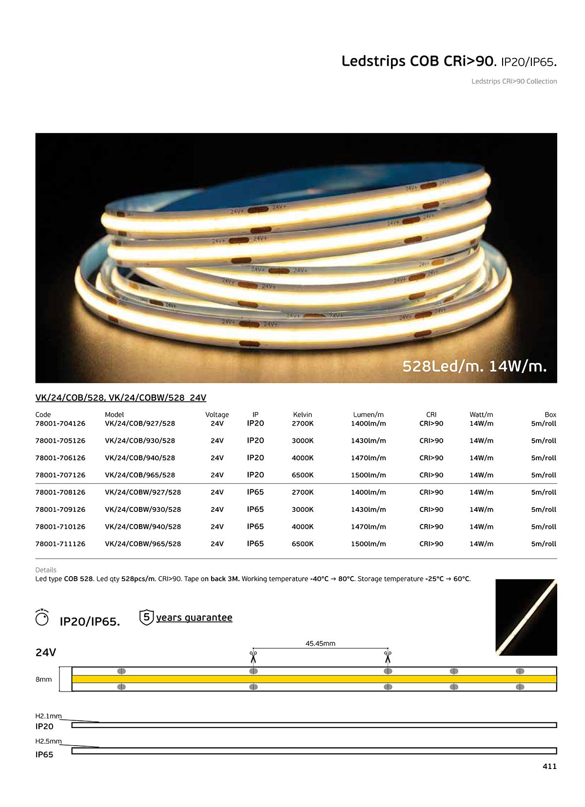 COB LED-szalag 24 V, CRI90, IP20, 3000 K/4000 K, szabályozható (5 m)