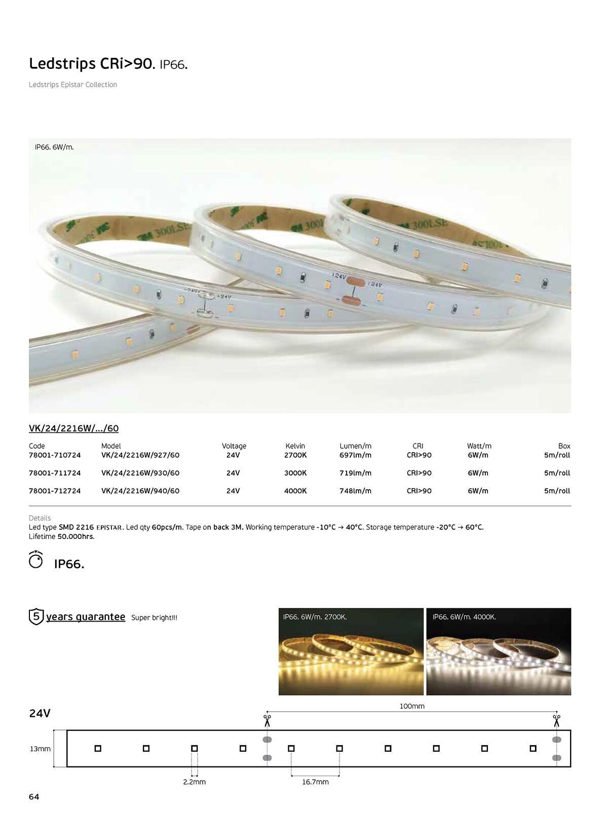 24 V-os LED-szalag, CRI90, IP66, 3000 K (5 m)