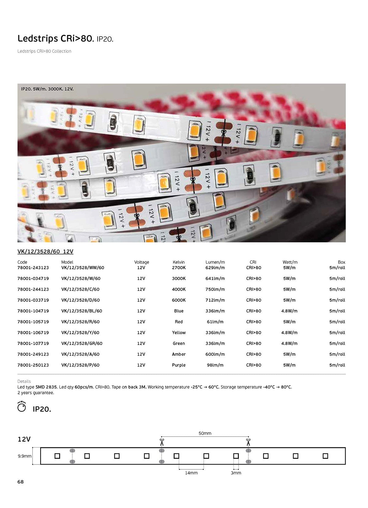 12 V-os LED-szalag, CRI80, IP20, 3000 K (5 m)