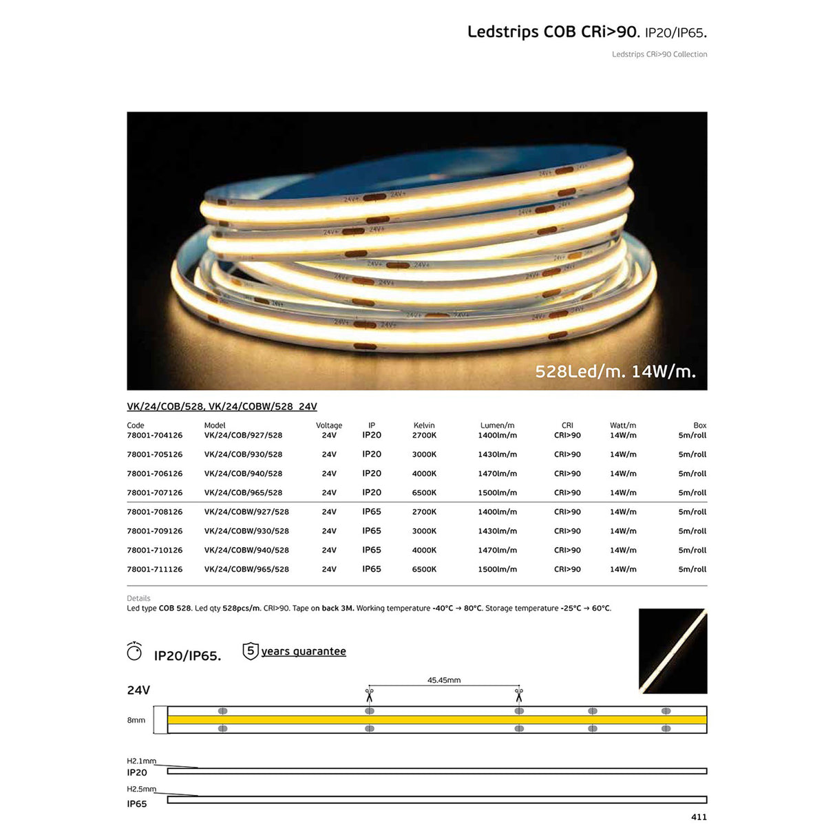 LED COB szalag 24 V, CRI 90, IP65, 3000 K, szabályozható (5 m)