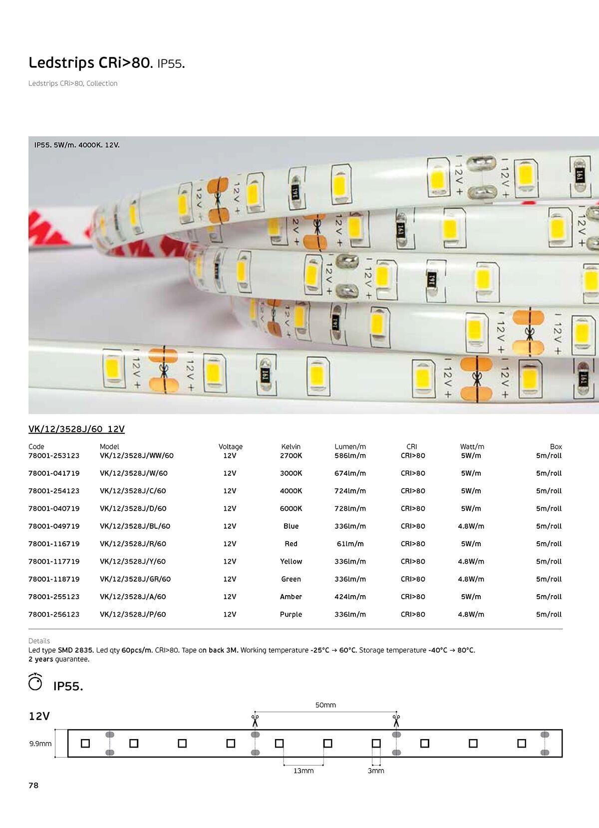 12 V-os LED-szalag, CRI80, IP55, 3000 K (5 m)