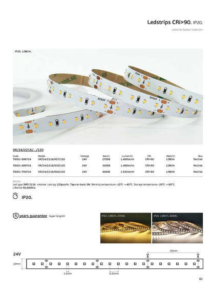 24 V-os LED-szalag, CRI90, IP20, 3000 K (5 m)