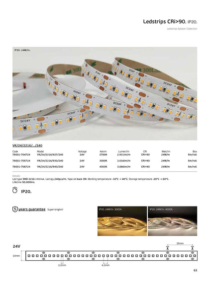24 V-os LED-szalag, CRI90, IP20, 3000 K (5 m)