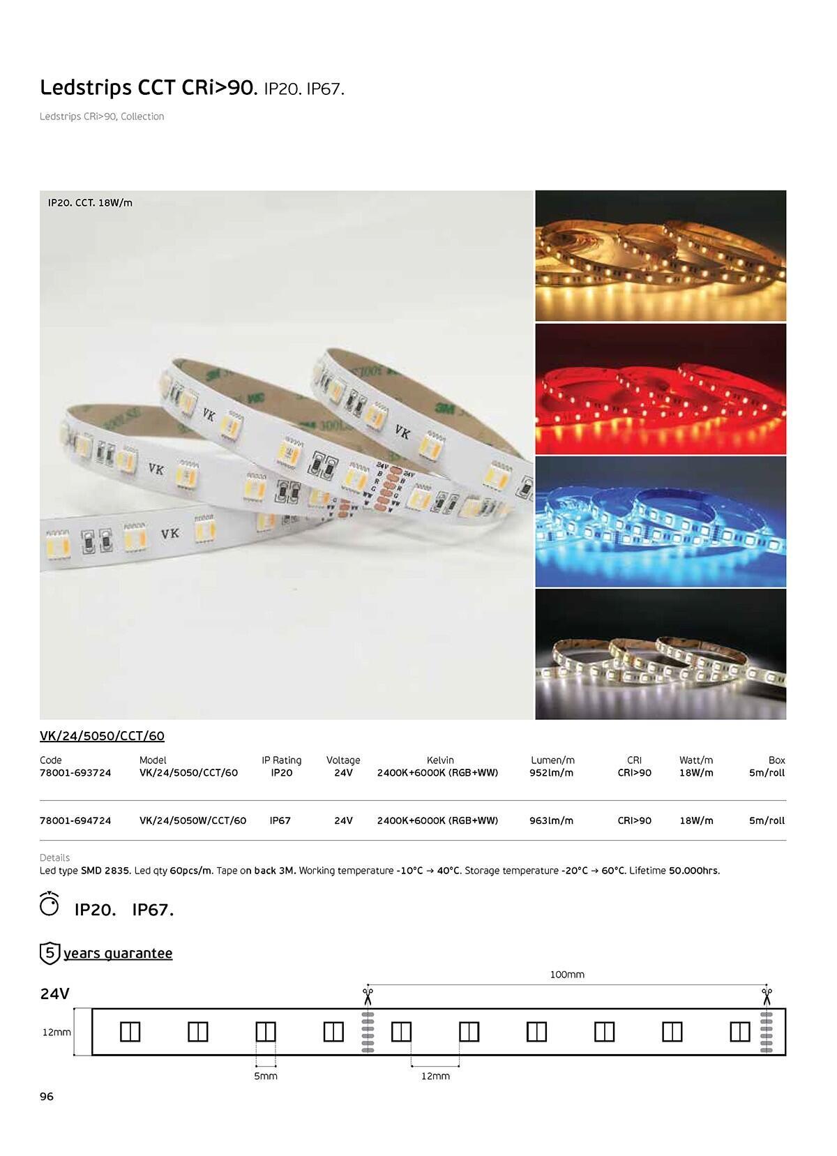 RGB+CCT LED szalag 24 V, 18 W/m, CRI90, IP20, 2400 K–6000 K (5 m)