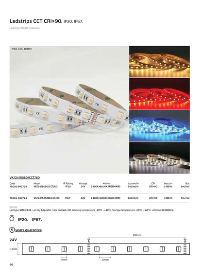 RGB+CCT LED szalag 24 V, 18 W/m, CRI90, IP20, 2400 K–6000 K (5 m)